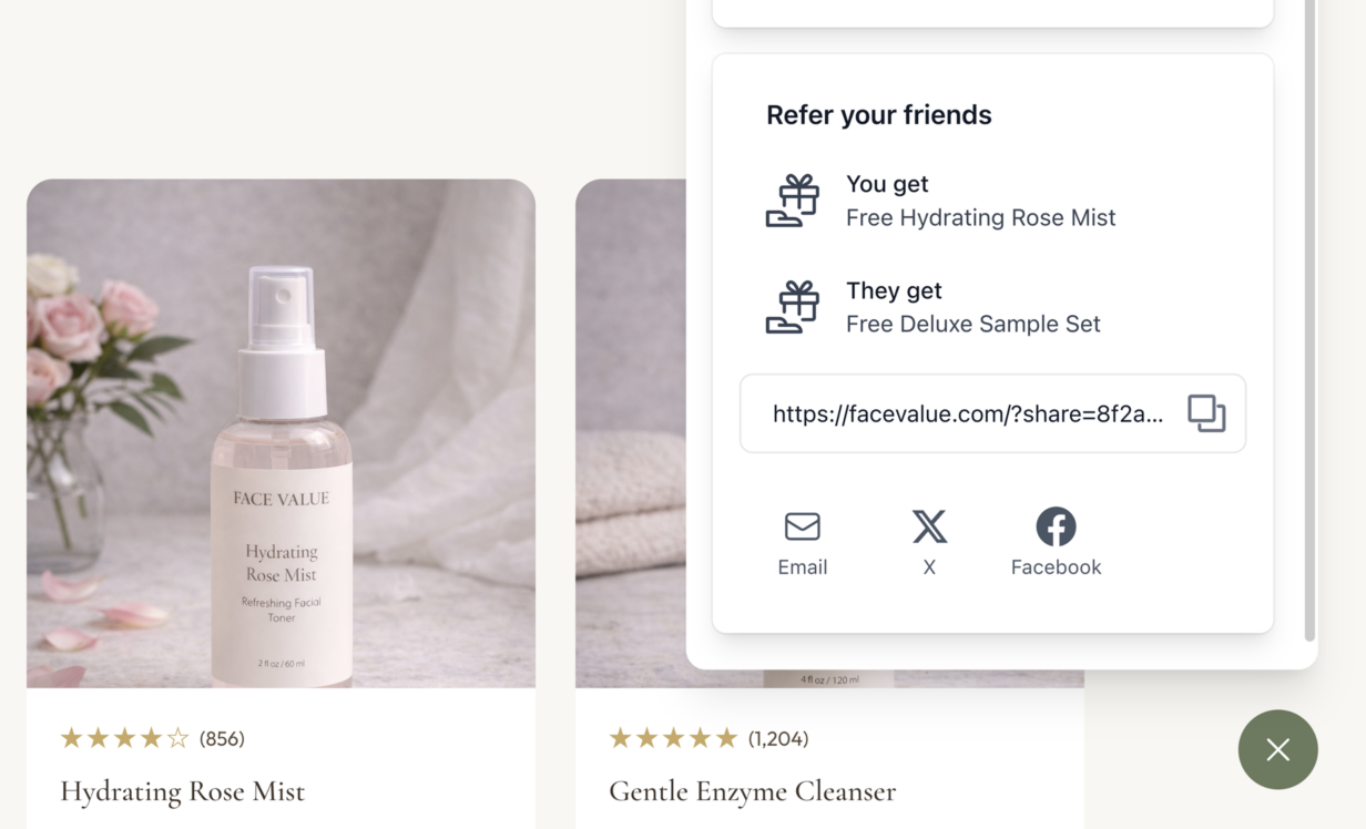 Referral sharing widget showing free product rewards for both the referrer and their friend