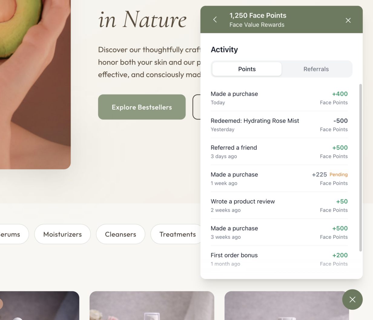 Rewards Activity Points tab showing a customer's loyalty points history — purchases, a referral reward, a product review bonus, a redemption, and a pending transaction with color-coded amounts