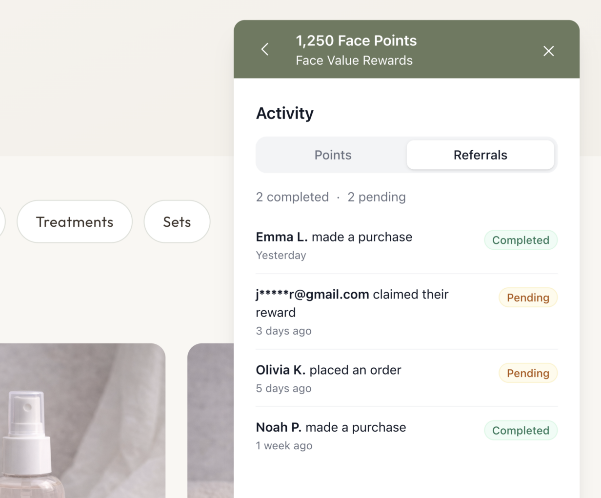 Rewards Activity Referrals tab showing referral tracking with friend names, completed and pending status badges, and a summary count