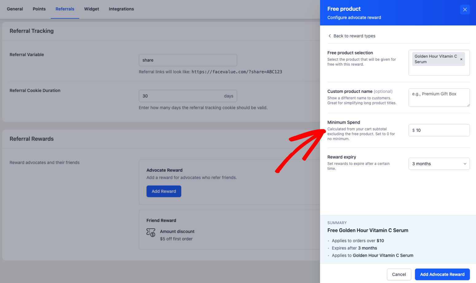 Dépense minimale pour la récompense du promoteur