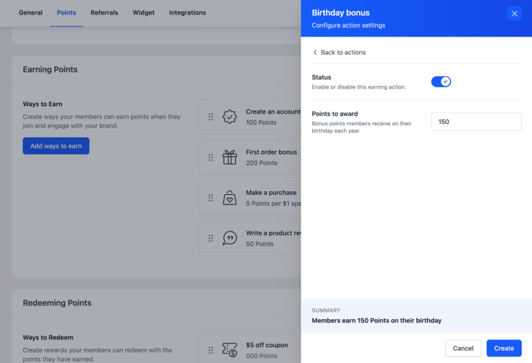 Configuração de bônus de aniversário