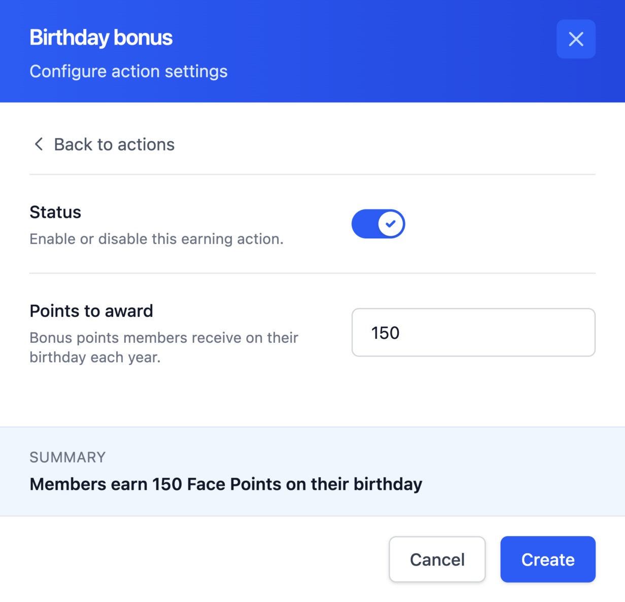 Painel de configurações da ação de ganhar bônus de aniversário com o alternador de status ativado e a quantidade de pontos a serem concedidos definida como 150
