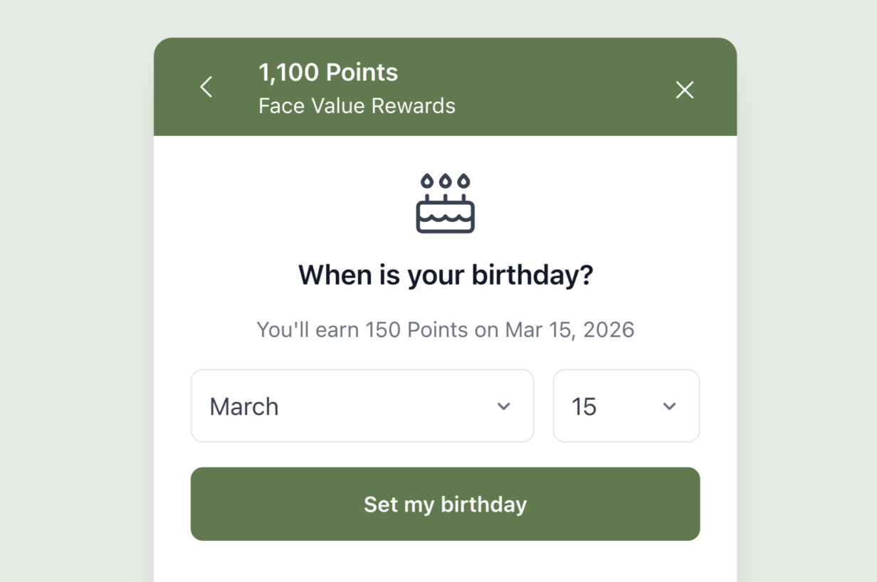 Seletor de data de aniversário no Widget de Recompensas com menus suspensos de mês e dia e botão Definir meu aniversário