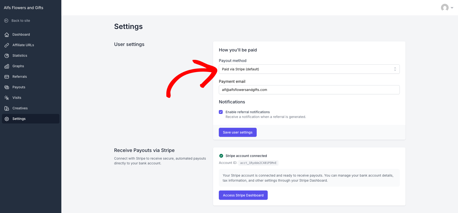Auszahlungsmethode Affiliate-Bereich