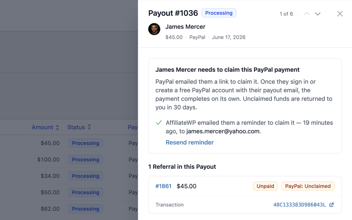An AffiliateWP payout marked Unclaimed showing the days remaining to claim it and an option to retry through another method