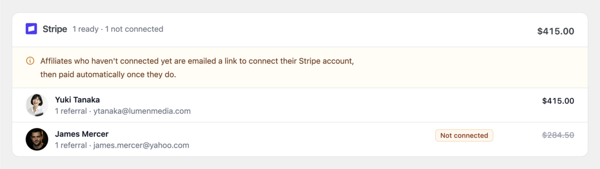 AffiliateWP Preview Payout flagging an affiliate with a pre-flight check, holding their amount out of the total before money moves