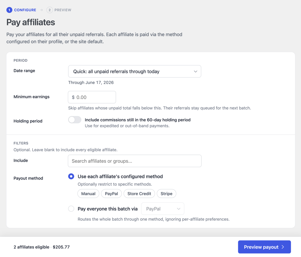 AffiliateWP payout preview showing a single run's per-method breakdown across PayPal, Stripe, and store credit before sending