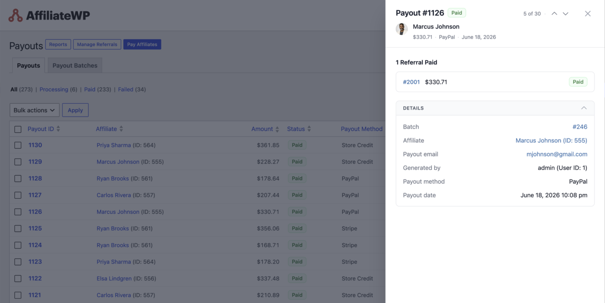 An AffiliateWP payout opening in a slide-in details drawer over the list, navigable with arrow keys without leaving the page