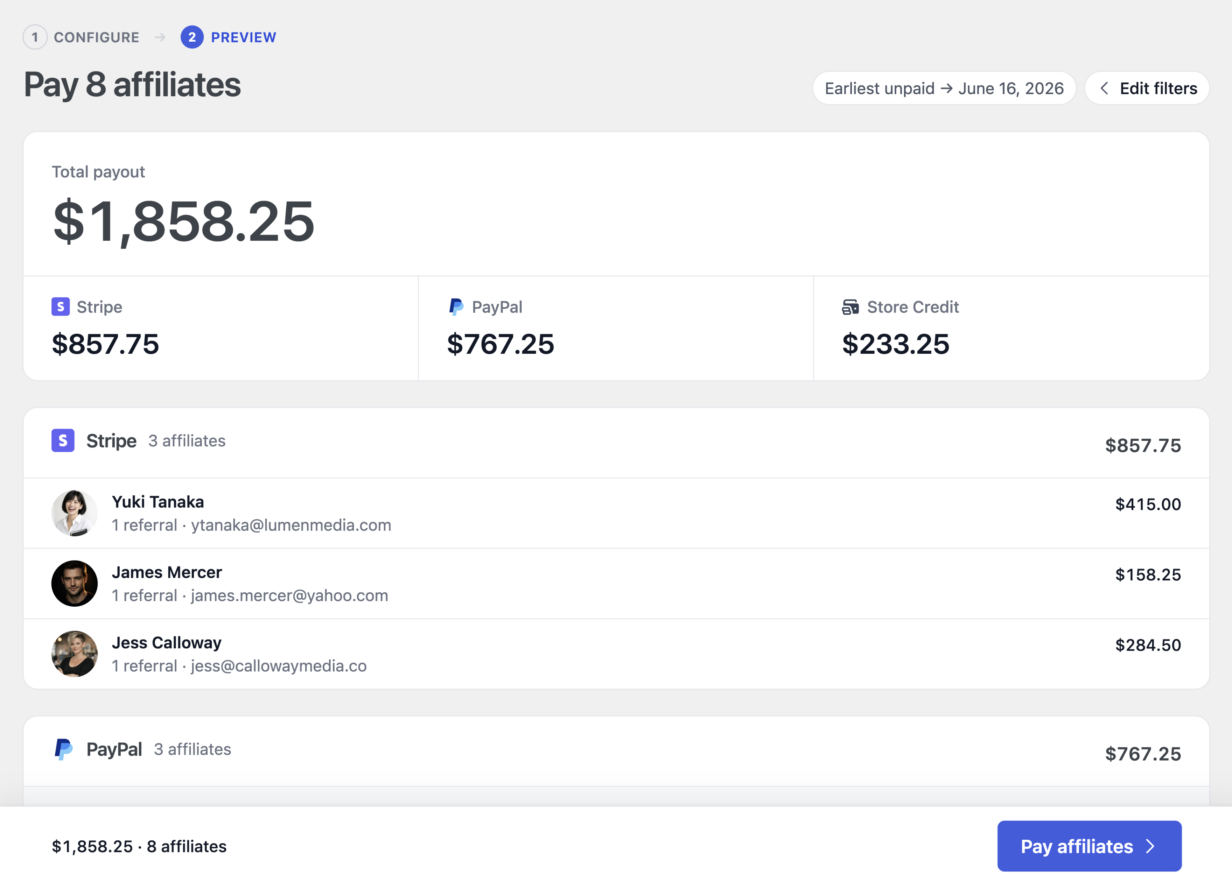 AffiliateWP Preview Payout paying eight affiliates at once, one total split across PayPal, Stripe, and store credit