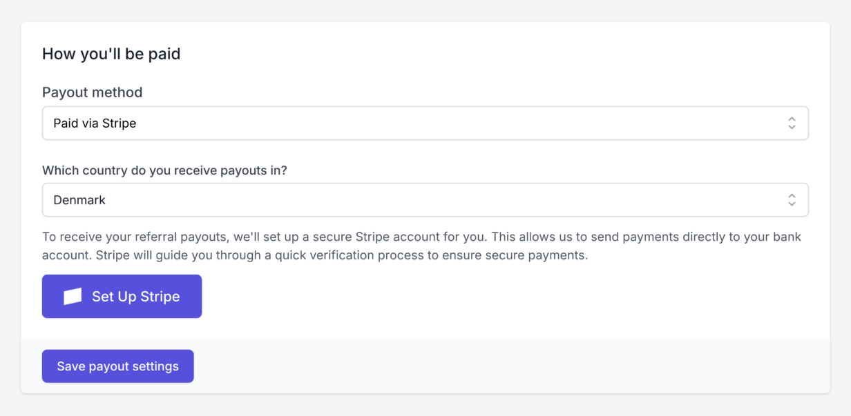 An affiliate's payout settings showing the country selector and international payout guidance