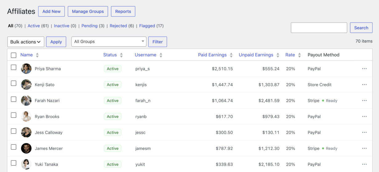 AffiliateWP Affiliates list with a Payout Method column showing PayPal, Stripe, and store credit across affiliates