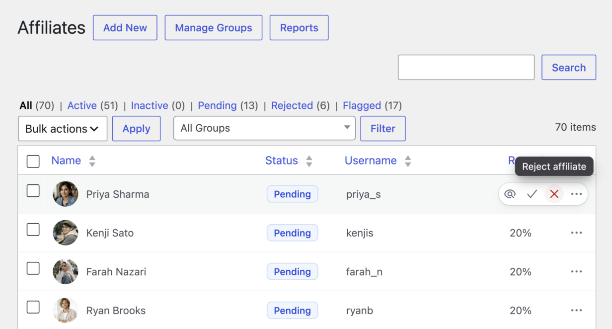 Redesigned AffiliateWP Affiliates table with row hover actions and inline accept and reject, with no page reload