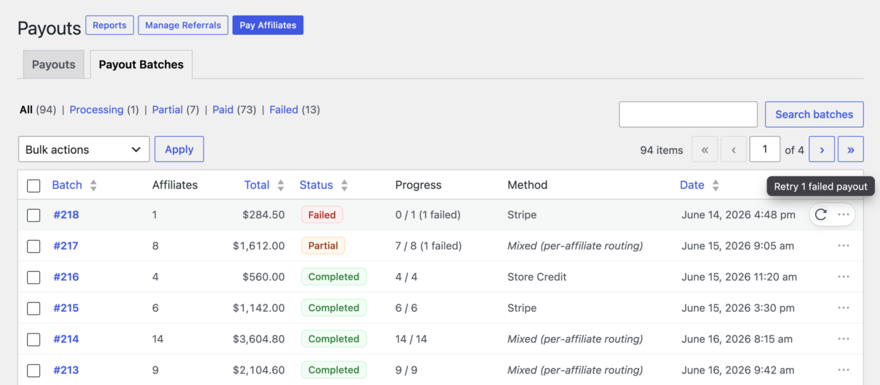 AffiliateWP Payout Batches screen listing payout runs by status, with one-click retry on a batch that has a failed payment