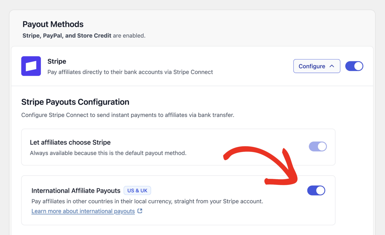 AffiliateWP Stripe payout settings with the Enable international affiliate payouts toggle switched on
