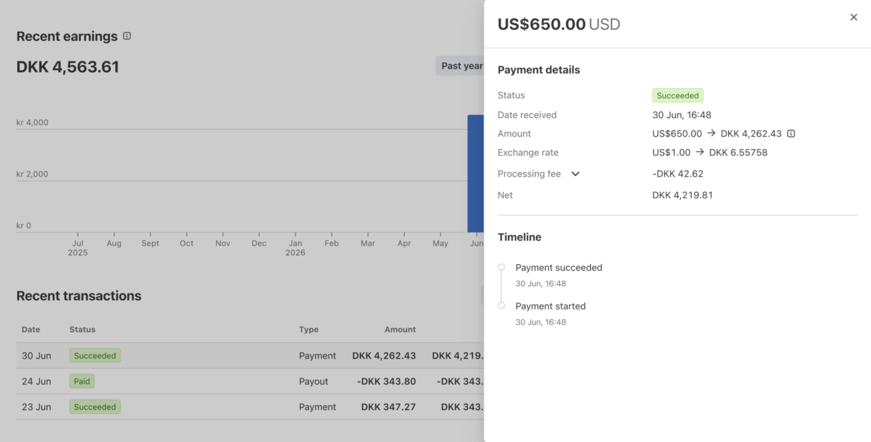 Dashboard mit den letzten Einnahmen und einer Zahlungsdetailleiste: 0,00 US-Dollar, Status Erfolgreich, Datum 30. Juni, 16:48 Uhr, Netto 4.219,81 DKK