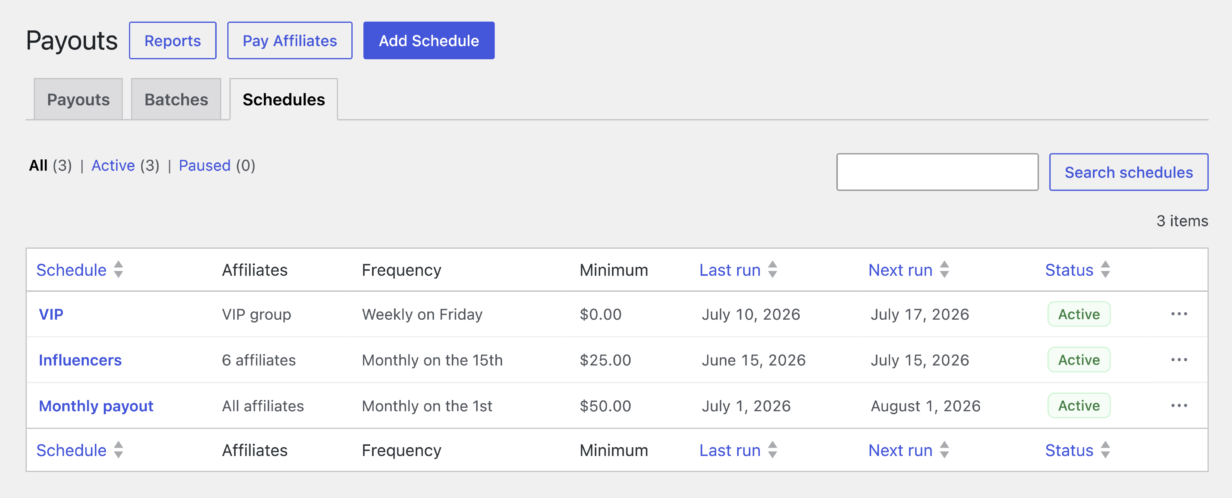 Dashboard showing three payout schedules (VIP, Influencers, Monthly payout) with columns Schedule, Affiliates, Frequency, Minimum, Last run, Next run, Status and top tabs for Payouts, Reports, Add Schedule.
