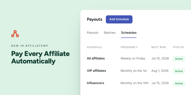Marketing hero: mint background with affiliate logo and the text 'Pay Every Affiliate Automatically' beside a dashboard UI showing the Schedules tab with a list of affiliates and Active status pills.