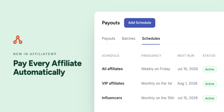 Marketing hero: mint background with affiliate logo and the text 'Pay Every Affiliate Automatically' beside a dashboard UI showing the Schedules tab with a list of affiliates and Active status pills.