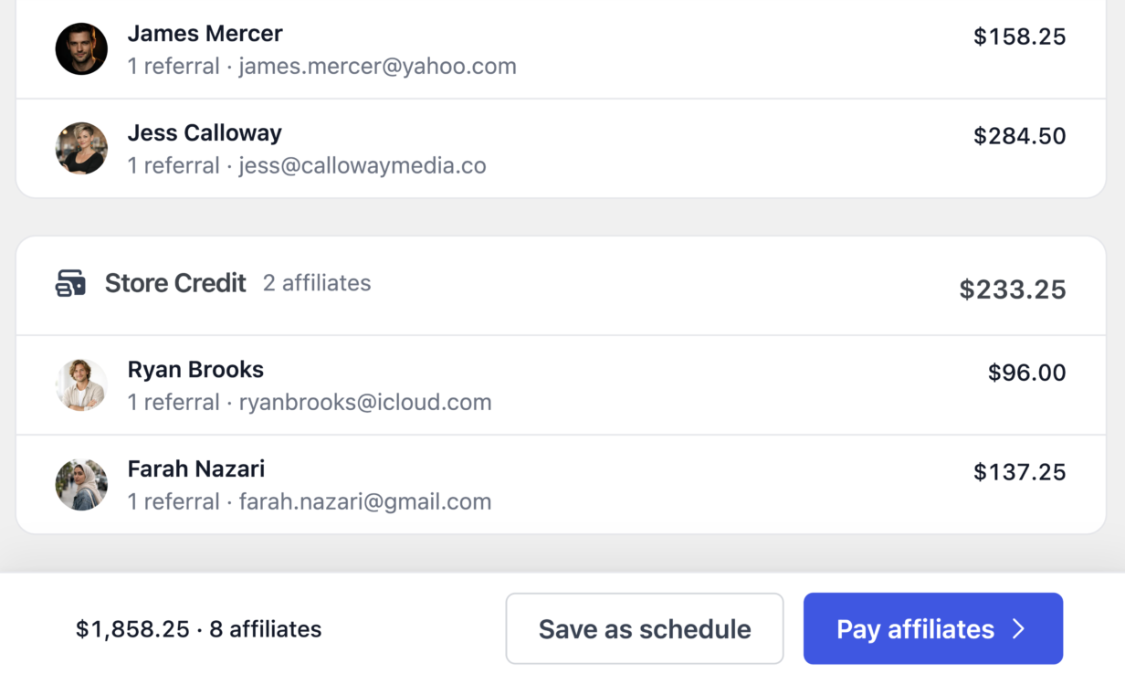 List of affiliates with avatars, names, emails, and amounts owed.