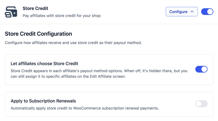 Store credit settings