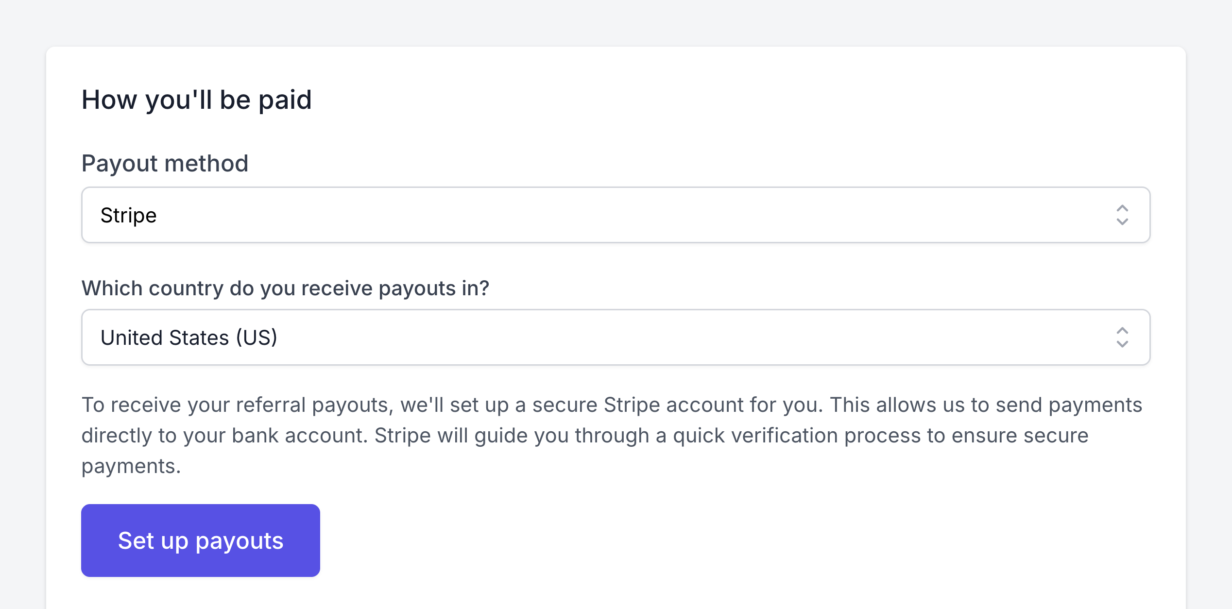 O painel Como você será pago na Área do Afiliado, com Stripe escolhido como método de pagamento e Estados Unidos como país de pagamento, explicando que uma conta Stripe segura será configurada para o afiliado, acima de um botão Configurar pagamentos