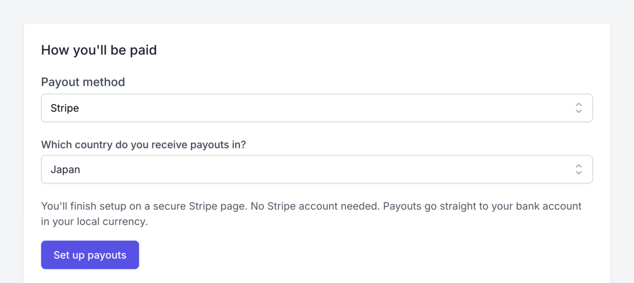 An affiliate's payout settings, with Stripe as the payout method, Japan as the payout country, a note that no Stripe account is needed and payouts go straight to their bank in their local currency, and a Set up payouts button