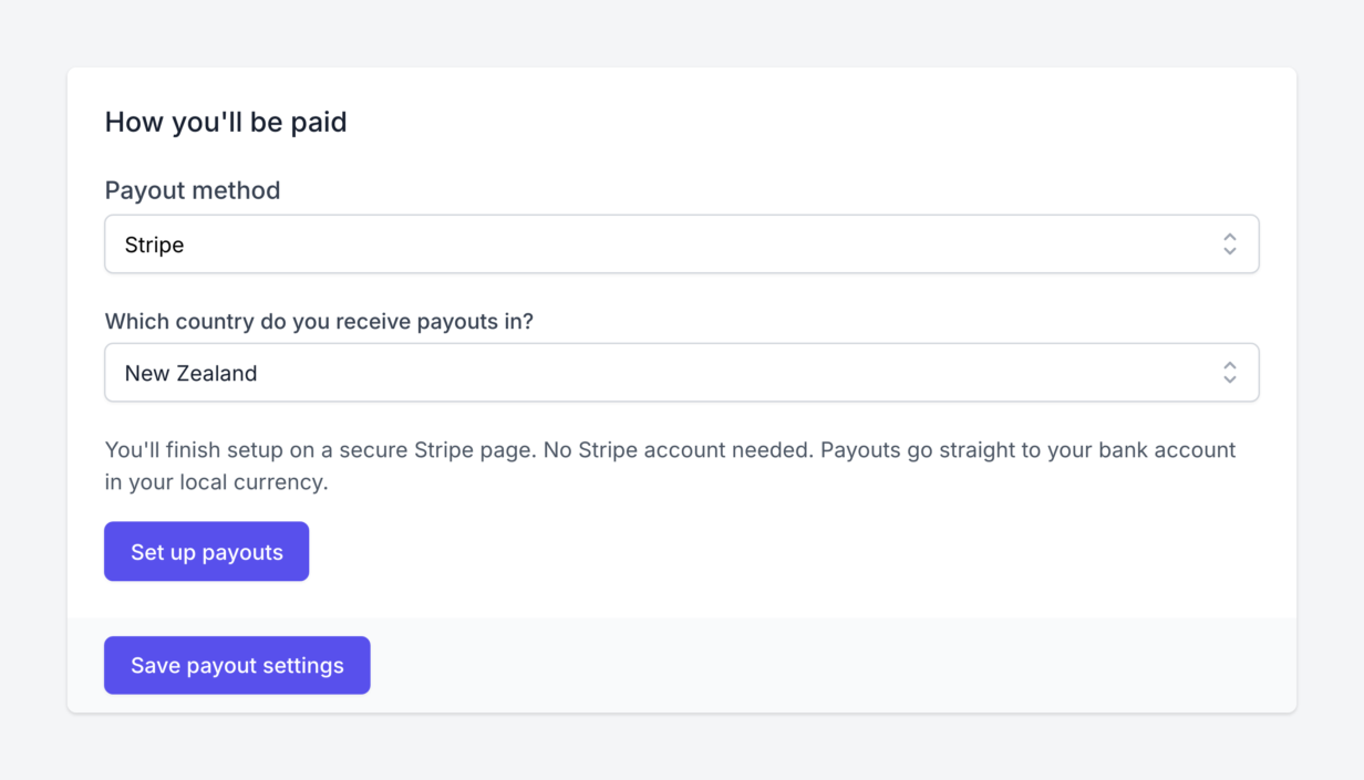 An affiliate's payout settings in the AffiliateWP affiliate area, with Stripe chosen as the payout method, New Zealand as the payout country, and a Set up payouts button
