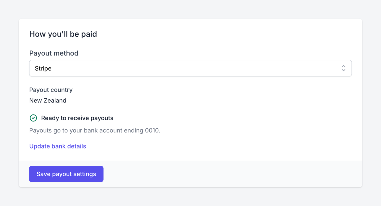 An affiliate's payout settings in the AffiliateWP affiliate area showing Ready to receive payouts, the bank account ending 0010, and an Update bank details link