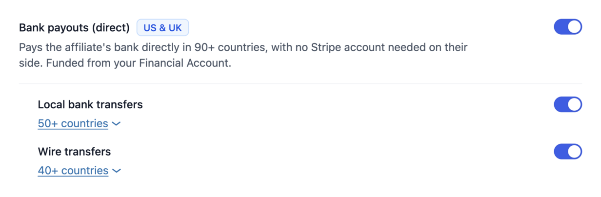 A linha Pagamentos bancários (diretos) nas configurações do AffiliateWP, ativada, com um selo dos EUA e Reino Unido, e os botões Transferências bancárias locais e Transferências por fio revelados abaixo dela, cada um com um link para sua lista de países.