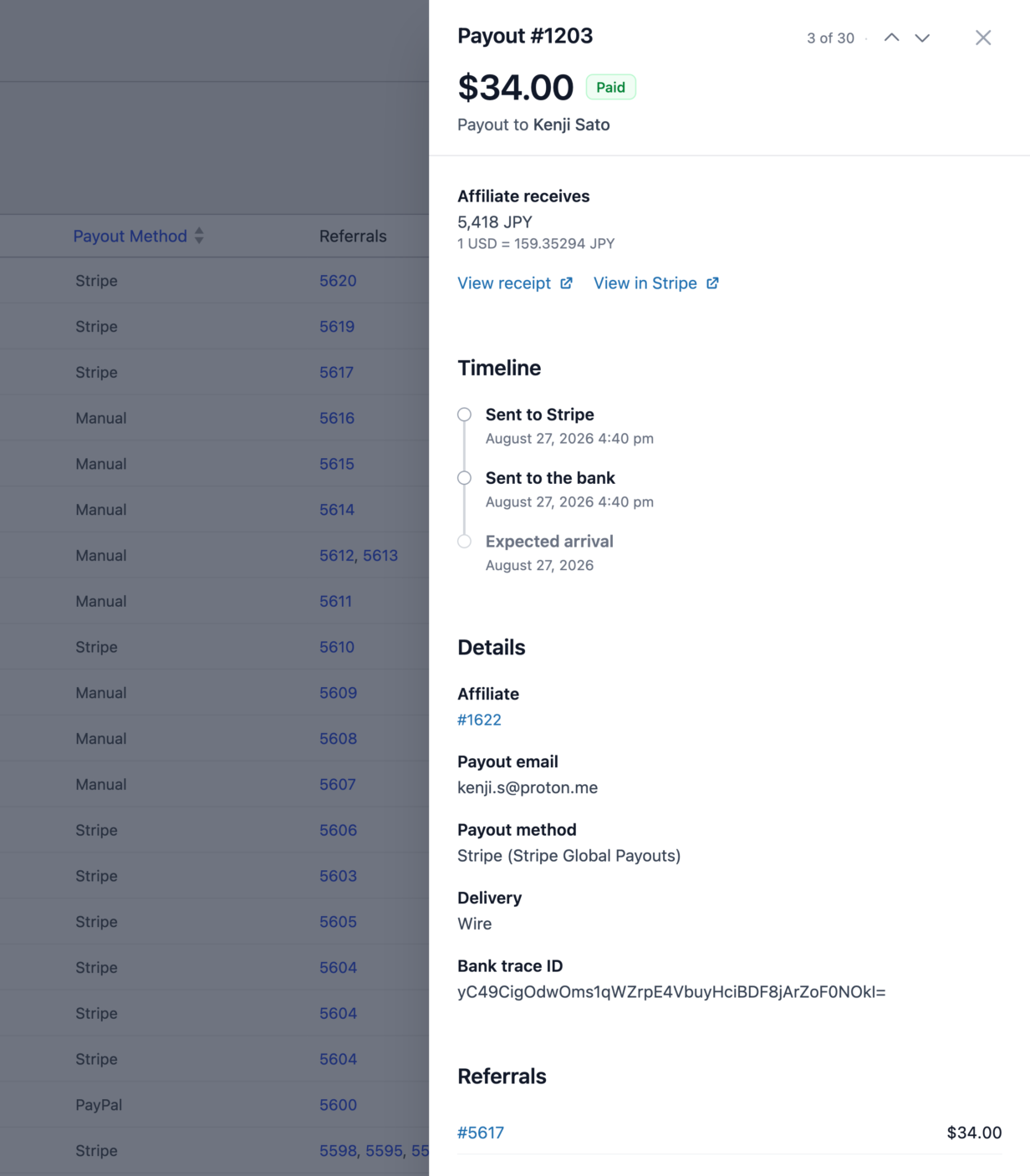 The payout drawer in AffiliateWP for a Global Payouts payout to Kenji Sato, showing 5,418 JPY credited, the exchange rate Stripe used, a Sent to Stripe, Sent to the bank and Expected arrival timeline, Wire delivery, and a bank trace ID