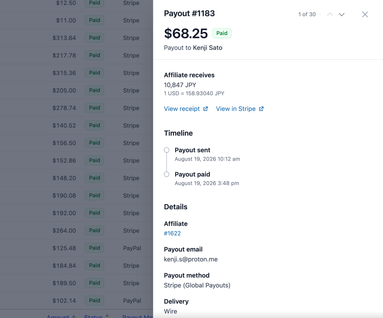 The payout drawer in AffiliateWP for a Global Payouts payout to Kenji Sato, showing 10,847 JPY credited, the exchange rate, a Payout sent and Payout paid timeline, and Wire delivery