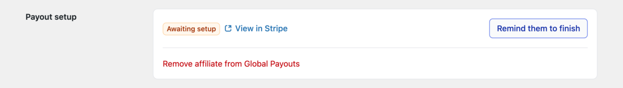 The Payout setup row on an affiliate's Edit Affiliate screen in AffiliateWP, showing an Awaiting setup badge and a Remind them to finish button