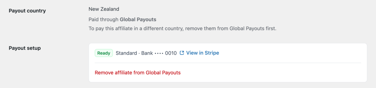 The Payout country and Payout setup rows on an affiliate's Edit Affiliate screen in AffiliateWP, showing a Ready badge, the bank ending 0010, and the Remove affiliate from Global Payouts control