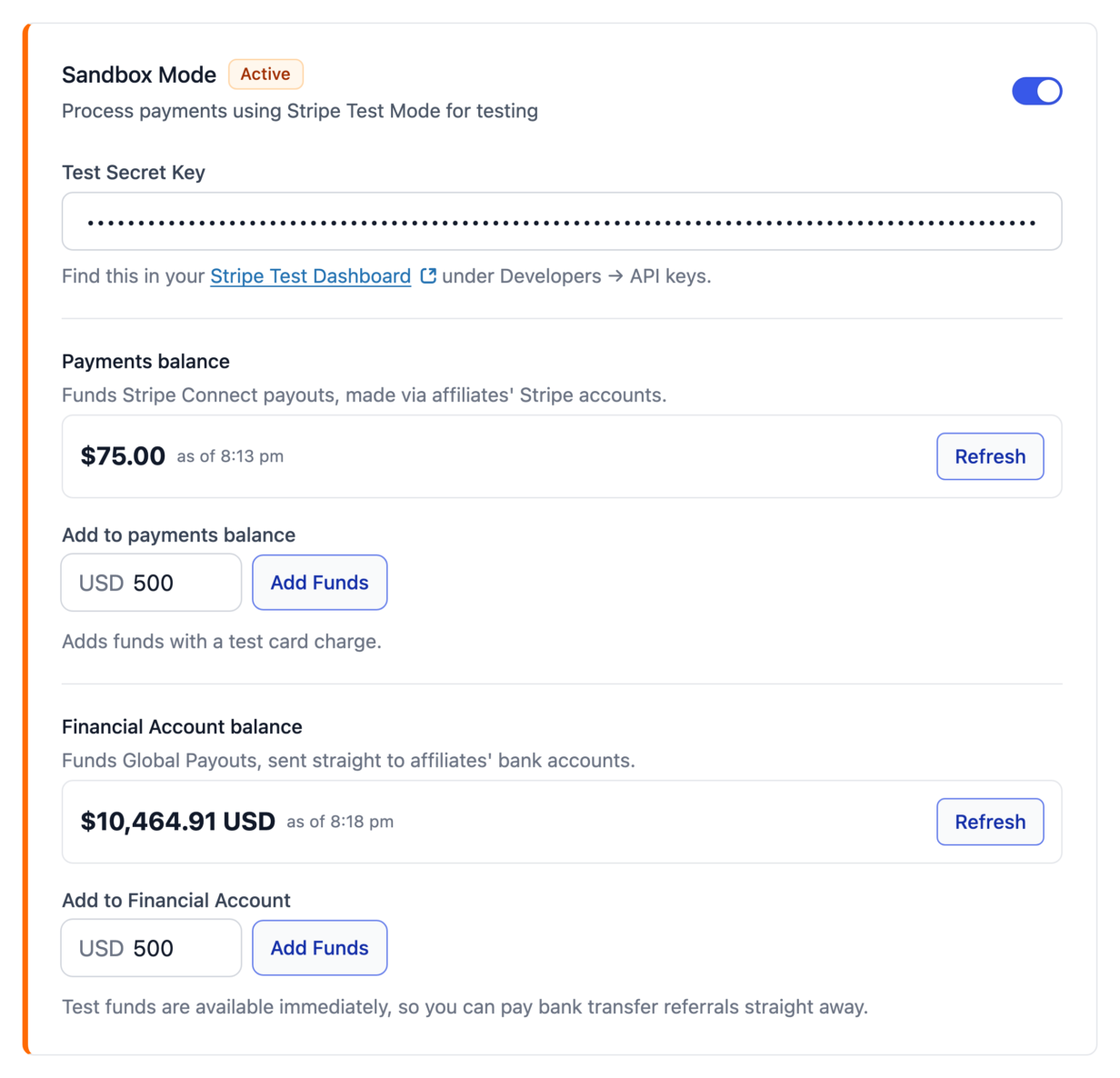 The Sandbox Mode card in AffiliateWP's Stripe payout settings, showing the Payments balance and the Financial Account balance, each with its own amount field and Add Funds control