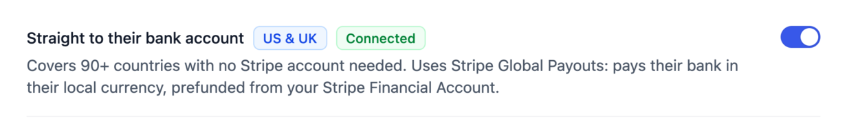 The Straight to their bank account row in AffiliateWP settings, turned on, with a US and UK badge and a green Connected badge showing the Stripe Financial Account was found