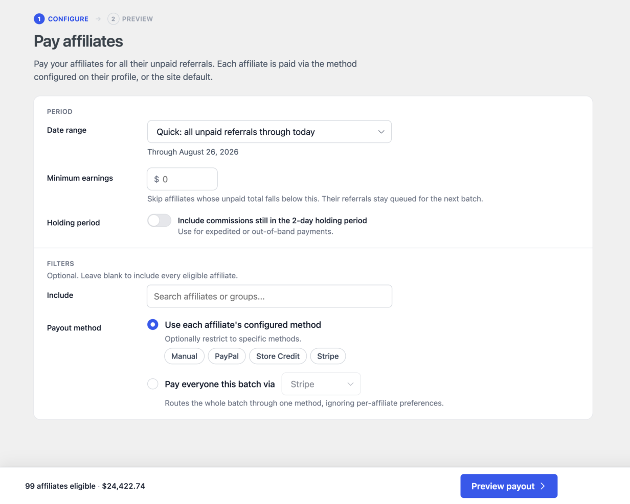 A etapa Configurar de Pagar Afiliados, com o intervalo de datas definido para todas as referências não pagas até hoje, uma escolha de Método de Pagamento entre o método configurado de cada afiliado e um método para todo o lote, e 99 afiliados elegíveis totalizando ,422.74