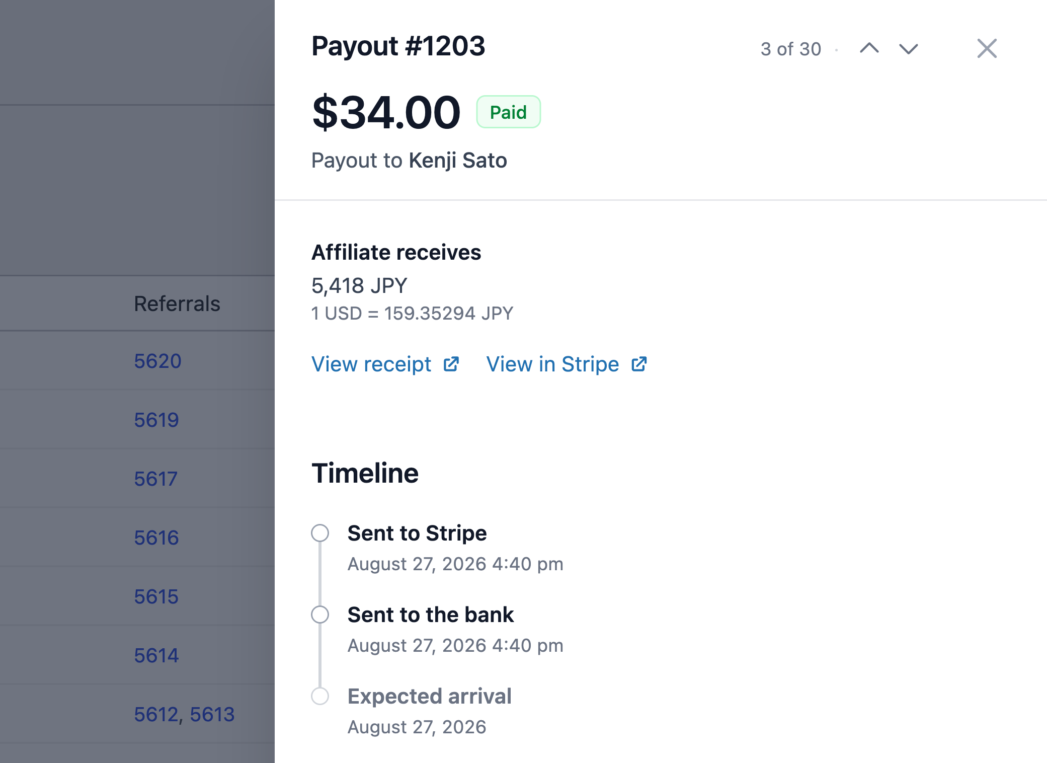 AffiliateWP payout drawer for a 34 dollar payout to an affiliate in Japan, showing the affiliate receives 5,418 JPY at 1 USD to 159.35294 JPY, with a timeline of sent to Stripe, sent to the bank, and expected arrival.