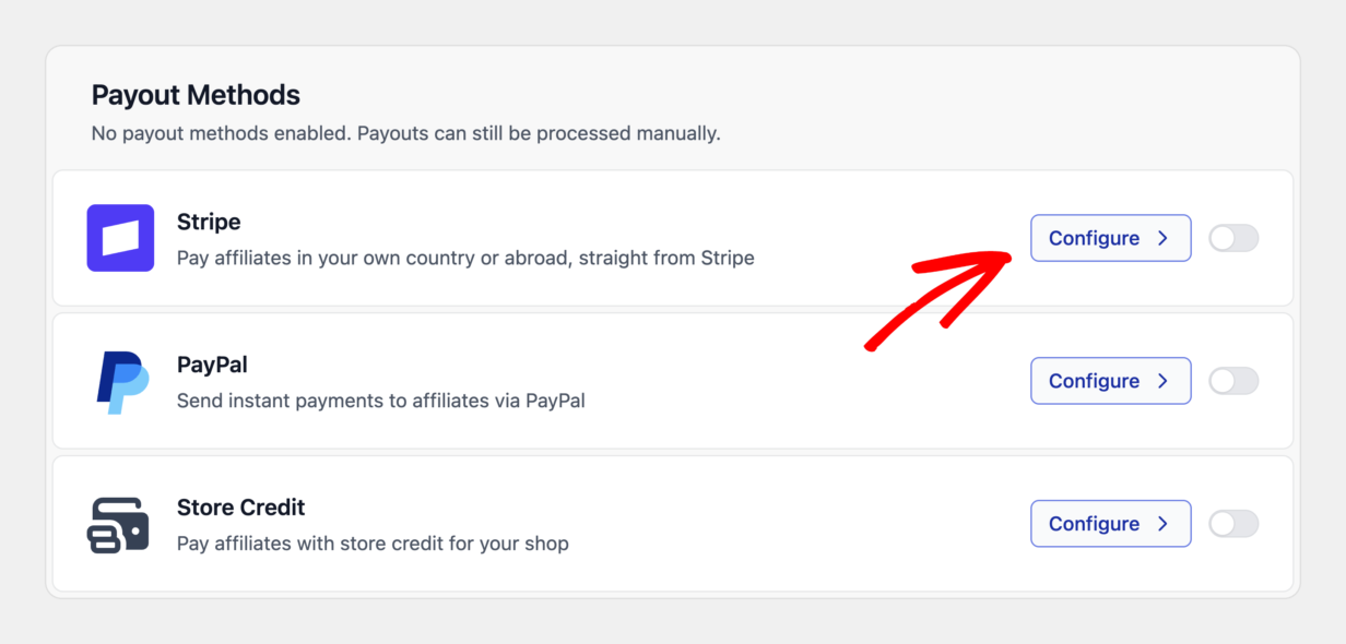 O cartão Métodos de Pagamento na tela de configurações de Pagamentos do AffiliateWP, com nada ativado ainda, observando que os pagamentos ainda podem ser processados manualmente, e uma seta apontando para o botão Configurar na linha do Stripe