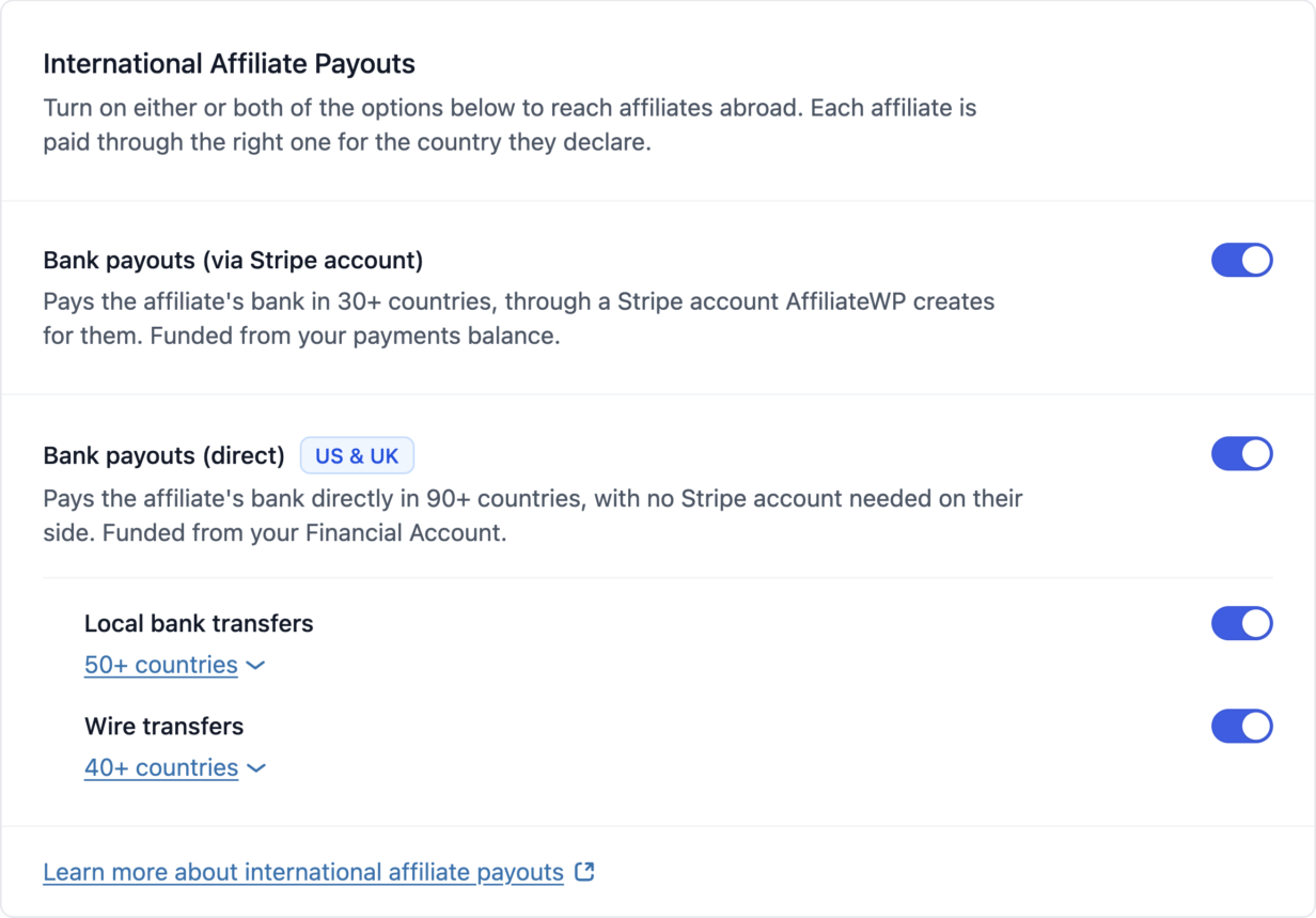 The International Affiliate Payouts settings card in AffiliateWP, with Bank payouts (via Stripe account) and Bank payouts (direct) both on, and the two switches revealed beneath the direct row, Local bank transfers covering 50-plus countries and Wire transfers covering 40-plus
