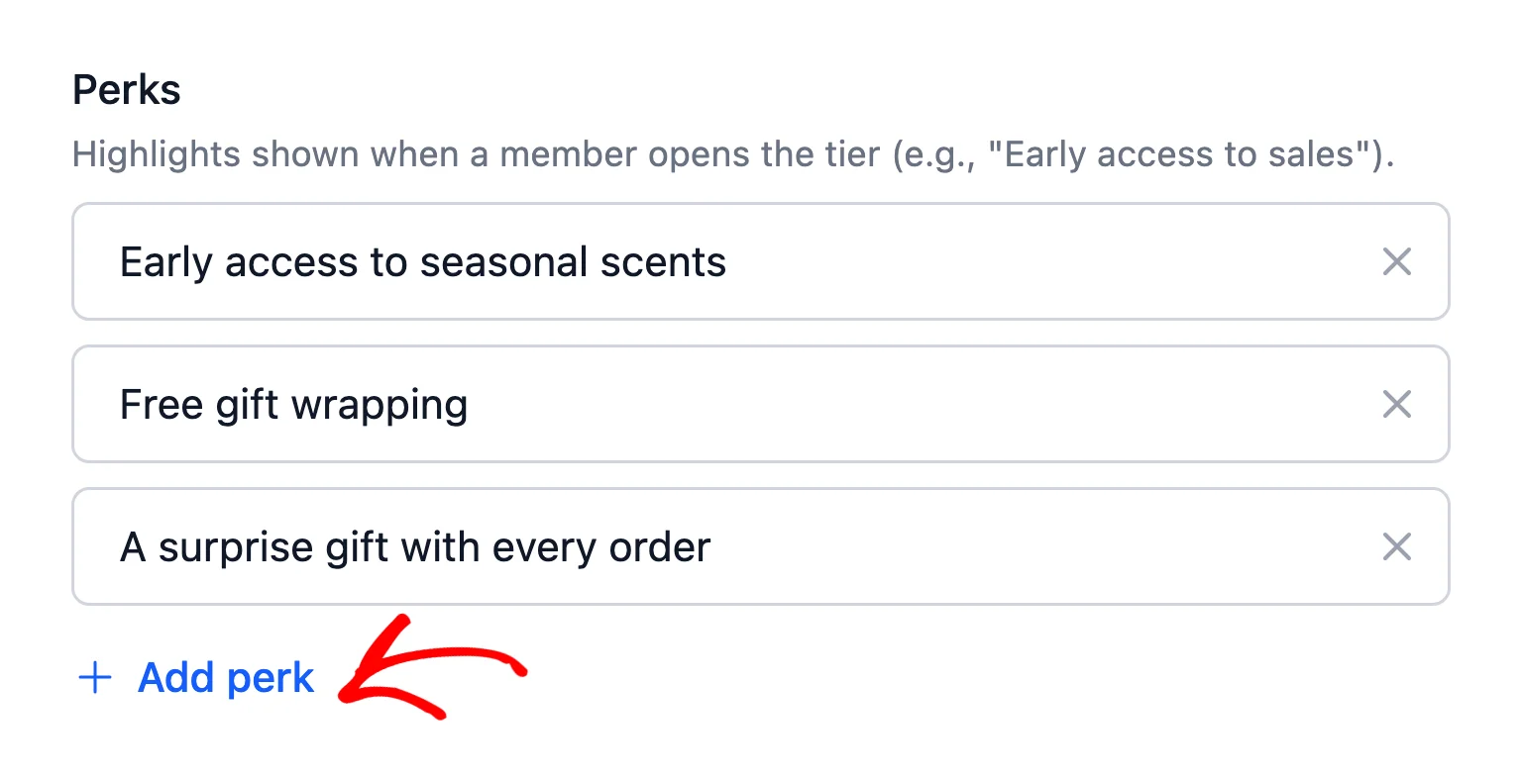 Perks section with three perks filled in and an arrow pointing at the Add perk button