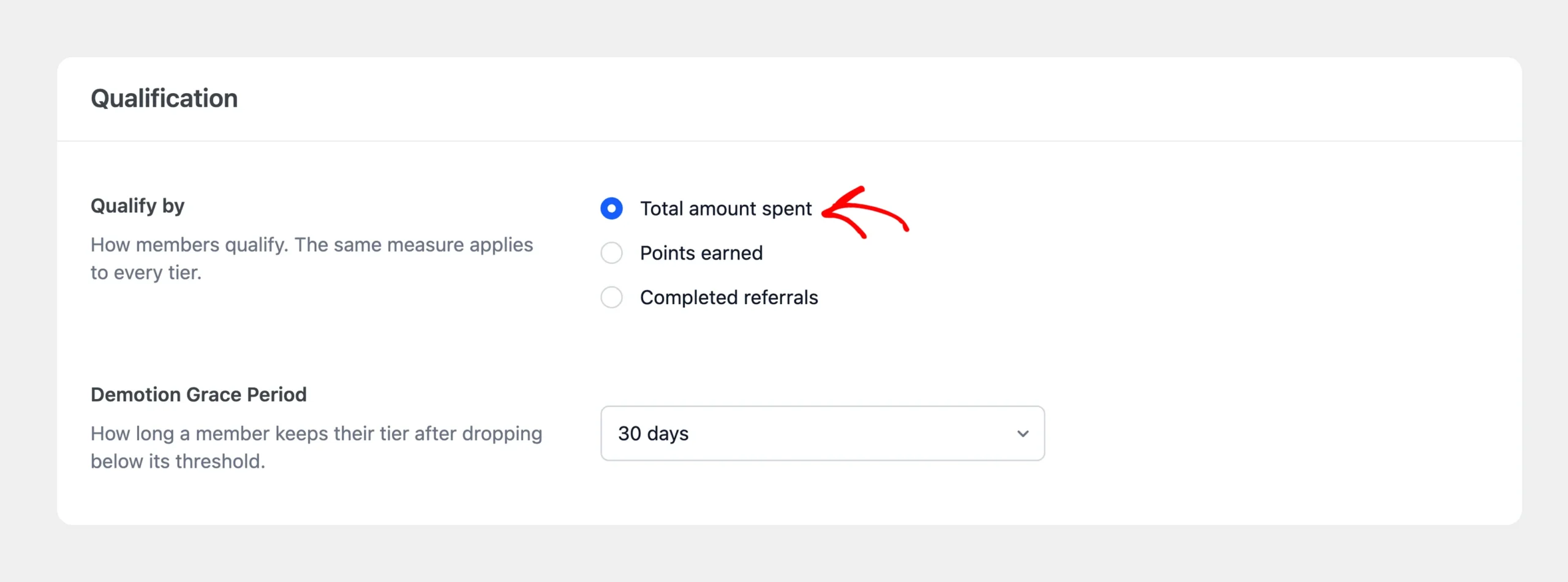 Qualify by options Total amount spent, Points earned, and Completed referrals, with an arrow pointing at Total amount spent