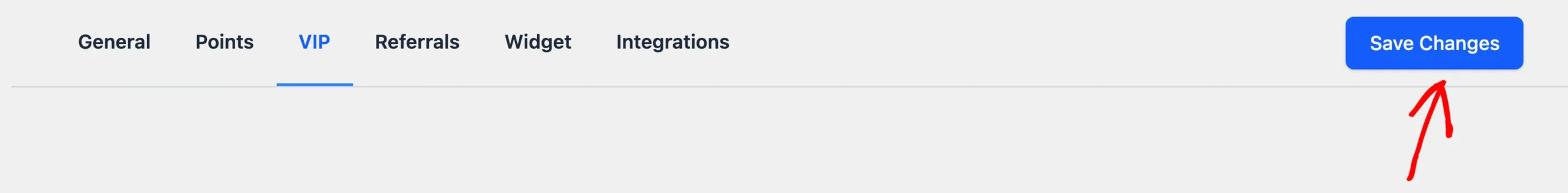 Save Changes button beside the RewardsWP settings tabs with an arrow pointing at it