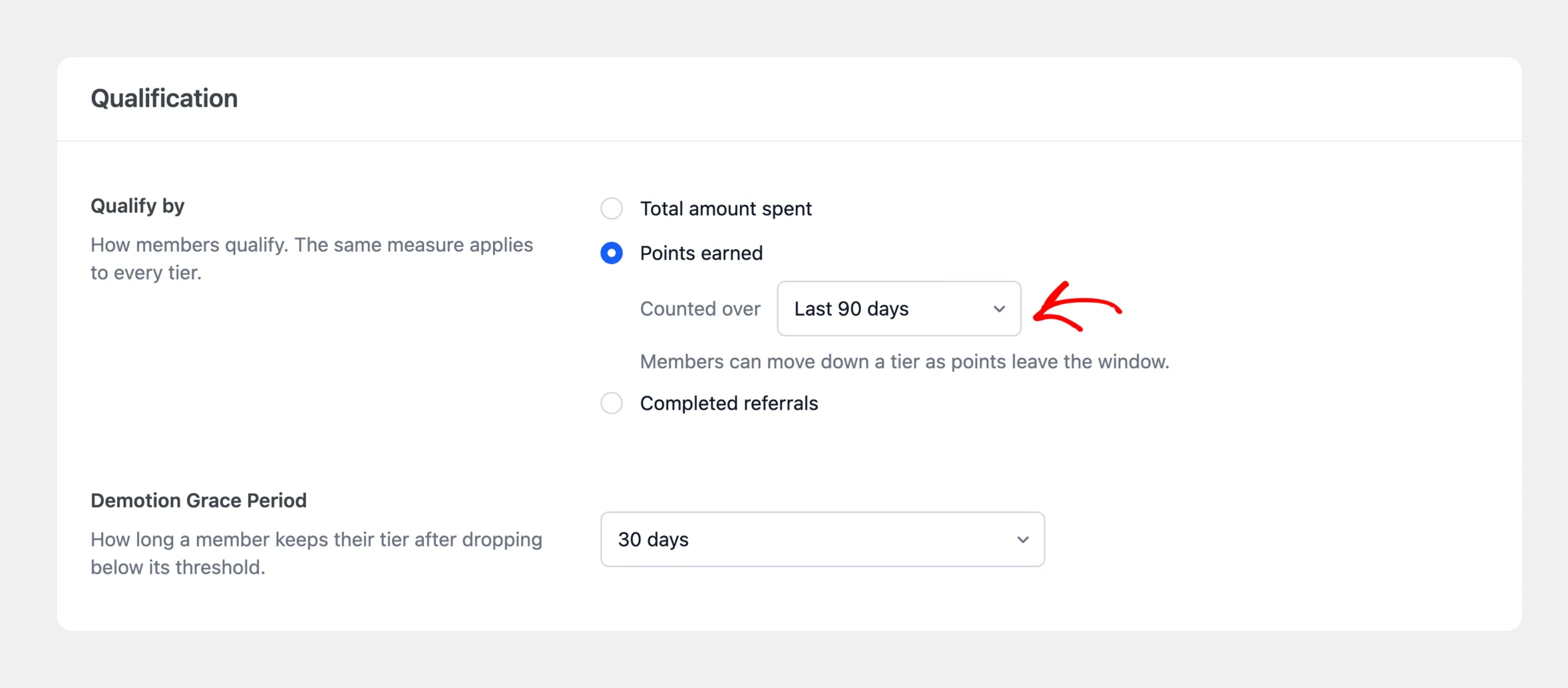 Counted over dropdown set to Last 90 days beneath the Points earned option, with an arrow pointing at it