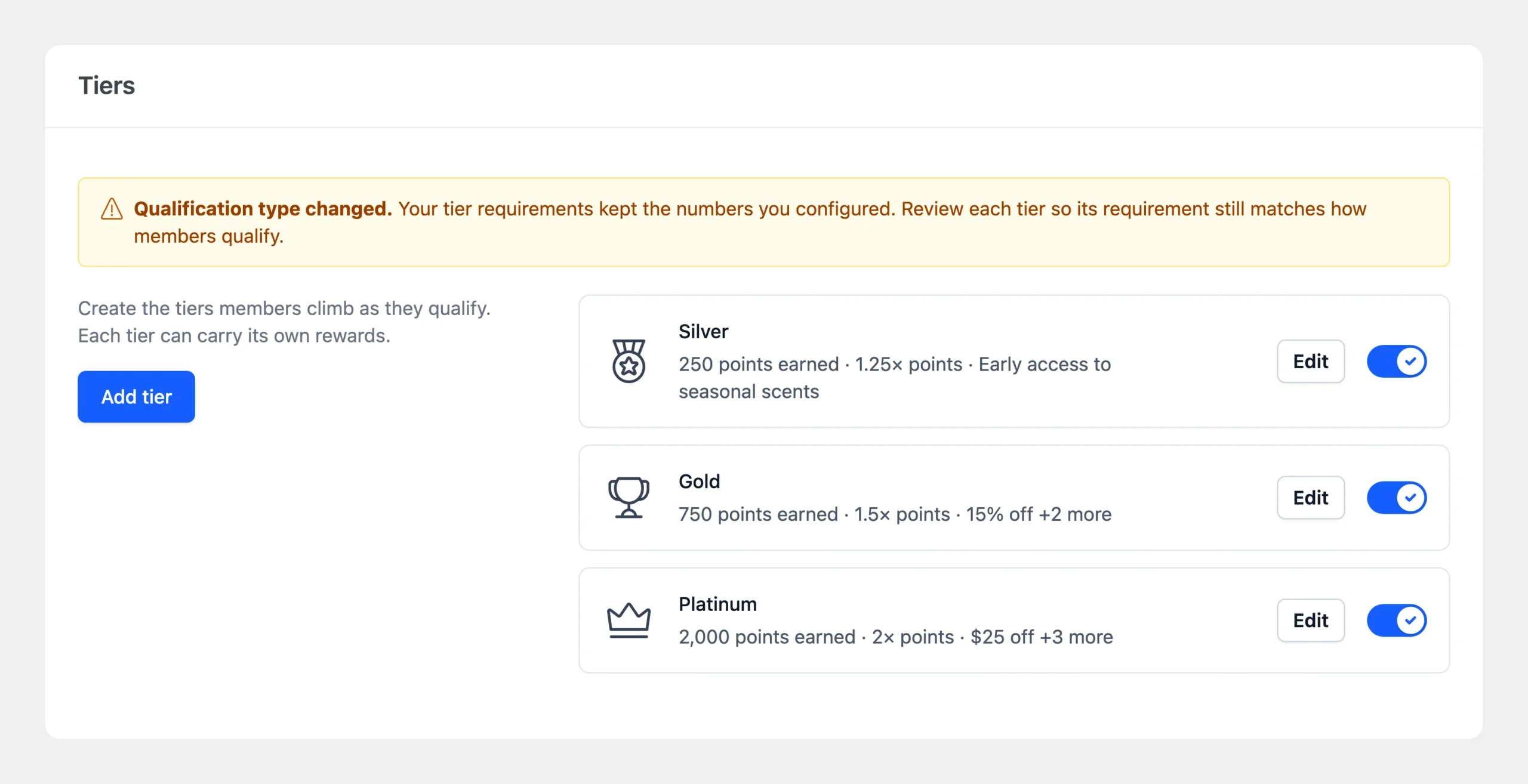Notice in the Tiers section saying the qualification type changed and asking you to review each tier