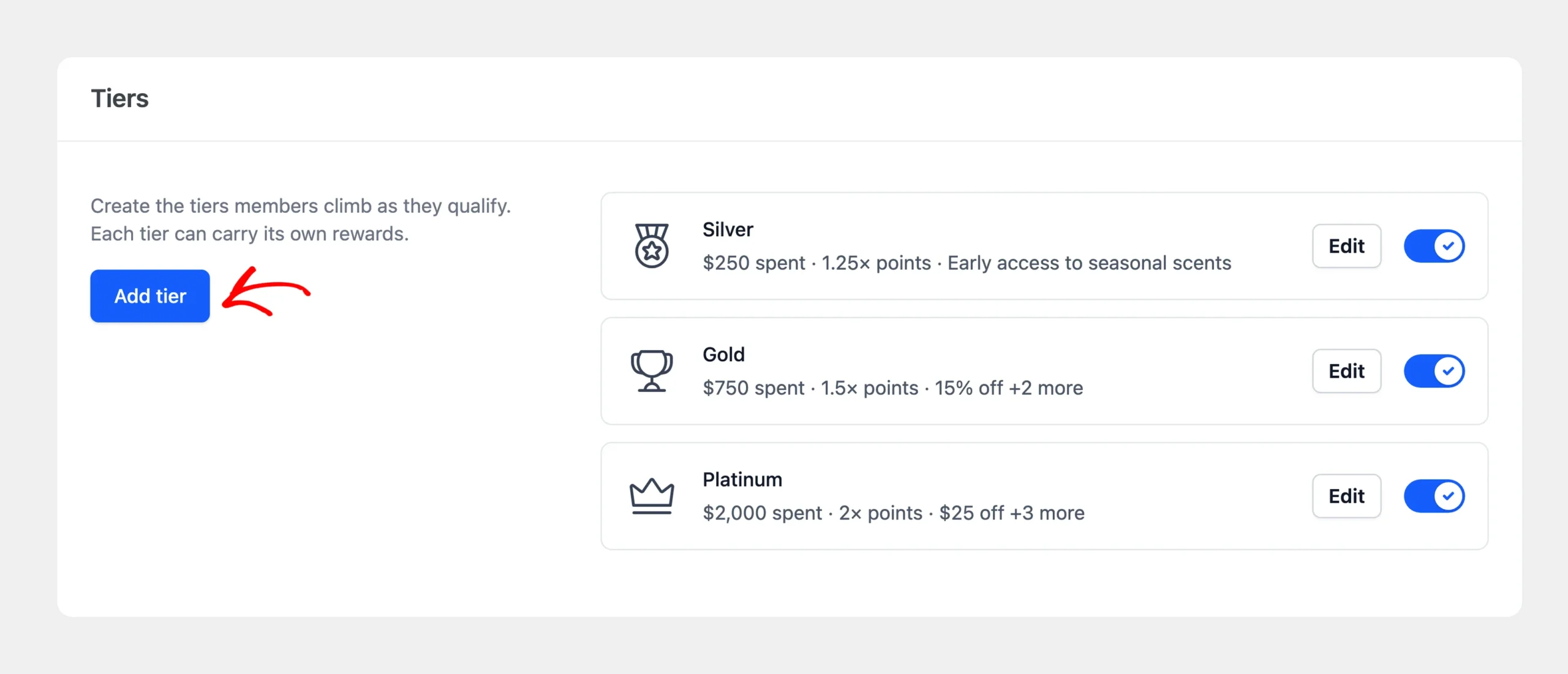 Tiers section of the VIP settings tab with an arrow pointing at the Add tier button