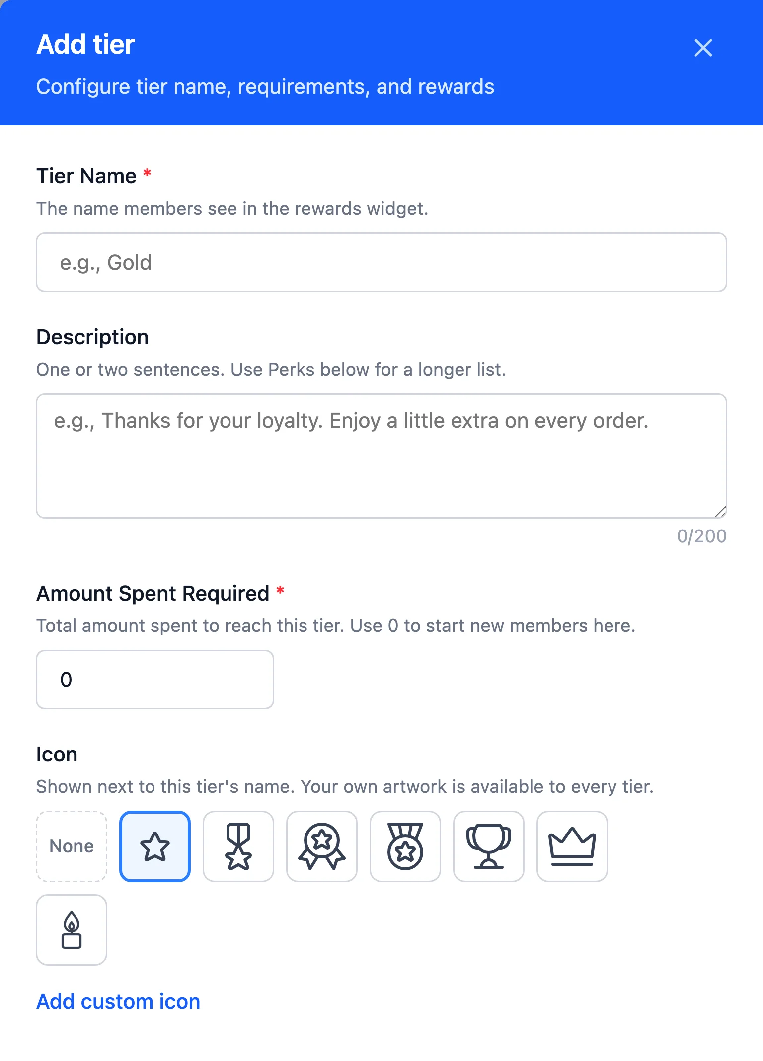 Add tier drawer showing the Tier Name, Description, threshold, and Icon fields