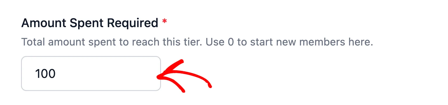 Amount Spent Required field in the Add tier drawer with a threshold of 100 entered, and an arrow pointing at it