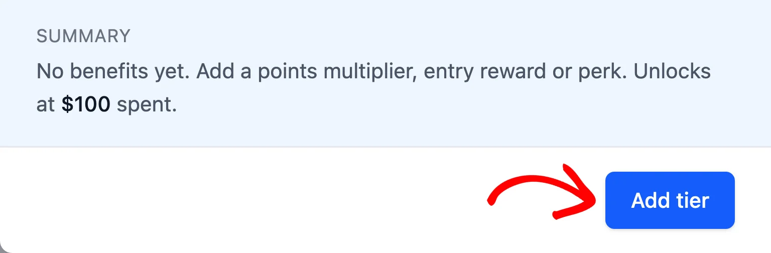 Summary and the Add tier button at the bottom of the tier drawer, with an arrow pointing at Add tier
