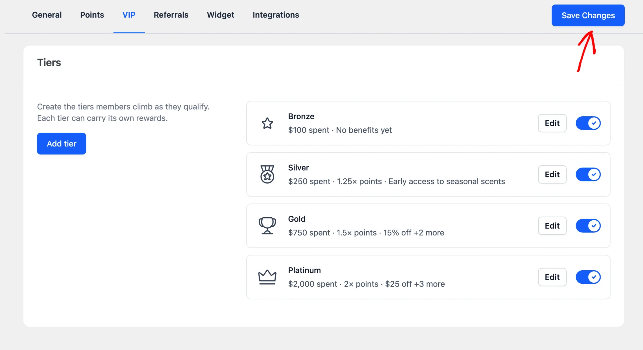 Tiers section listing four tiers, with an arrow pointing at the Save Changes button in the bar with the settings tabs