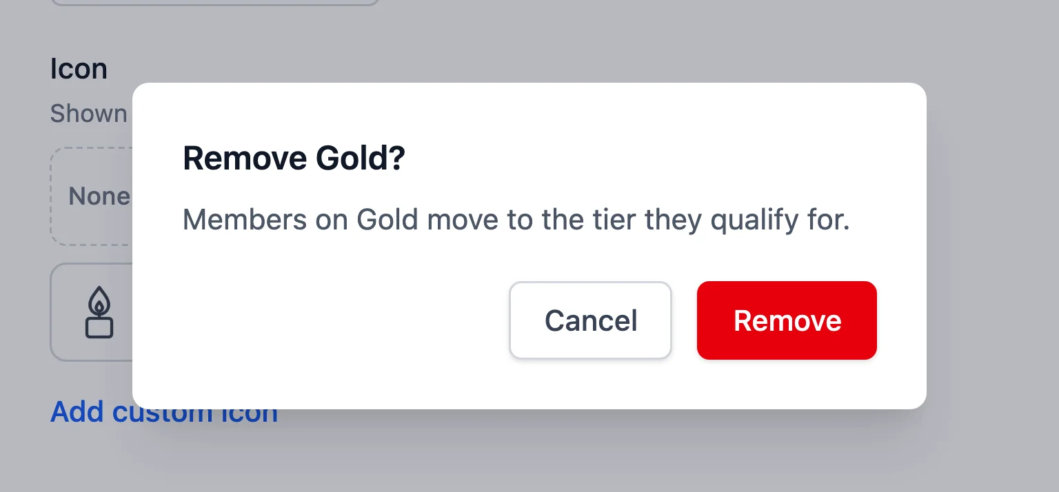 Confirmation naming the tier to remove, with a note that its members move to the tier they qualify for